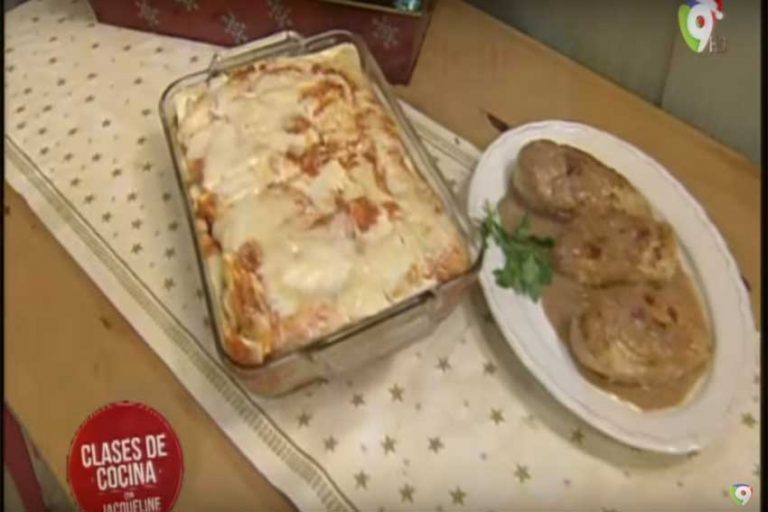 Lasaña con Roletines de Berenjenas y Pechugas con Salsa de Cranberry y Tocineta