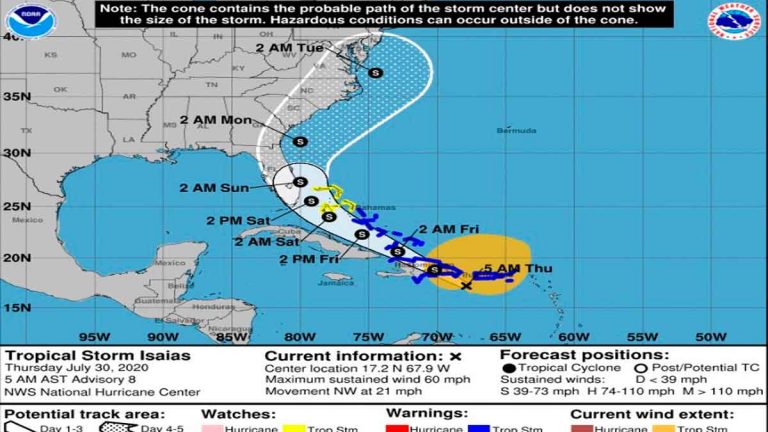 Tormenta tropical Isaías toca suelo dominicano a las 8:00 AM