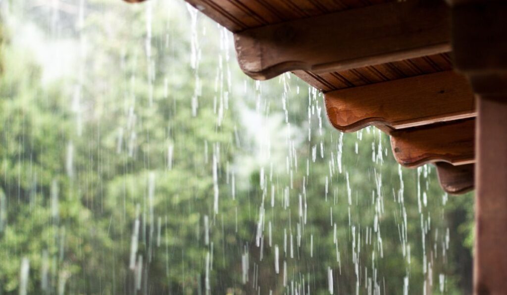 Lluvia cayendo de un alero de madera, con árboles desenfocados de fondo.