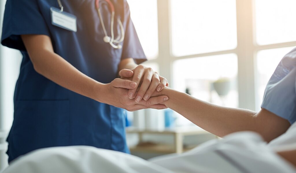 Enfermera sujetando la mano de un paciente en cama.