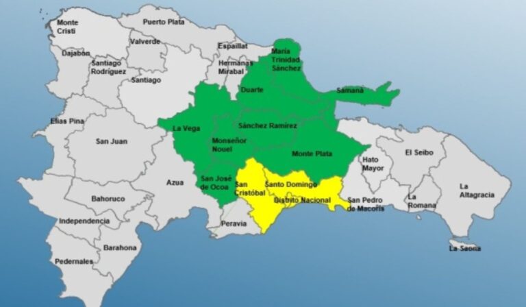 El COE mantiene 2 provincias y el Distrito Nacional en alerta amarilla y 08 en alerta verde