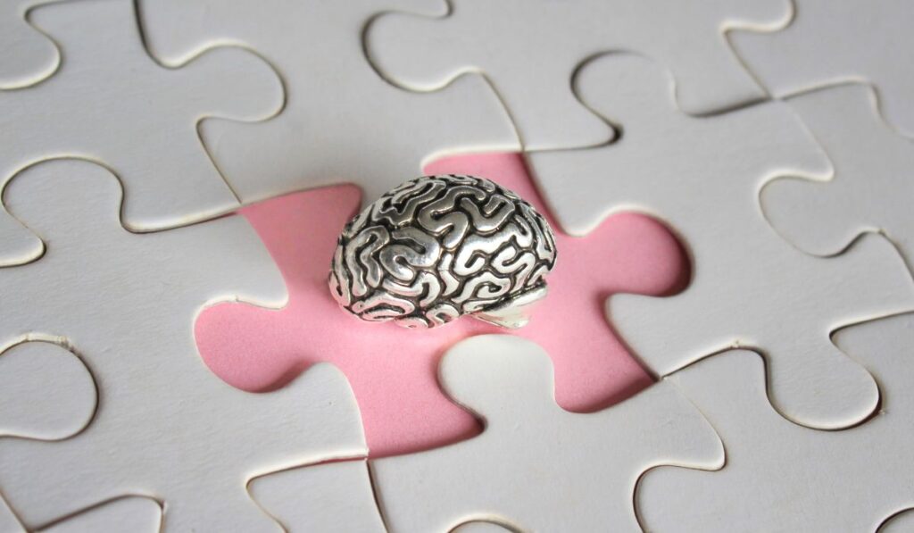 Cerebro de metal sobre piezas de rompecabezas en un hueco rosa.