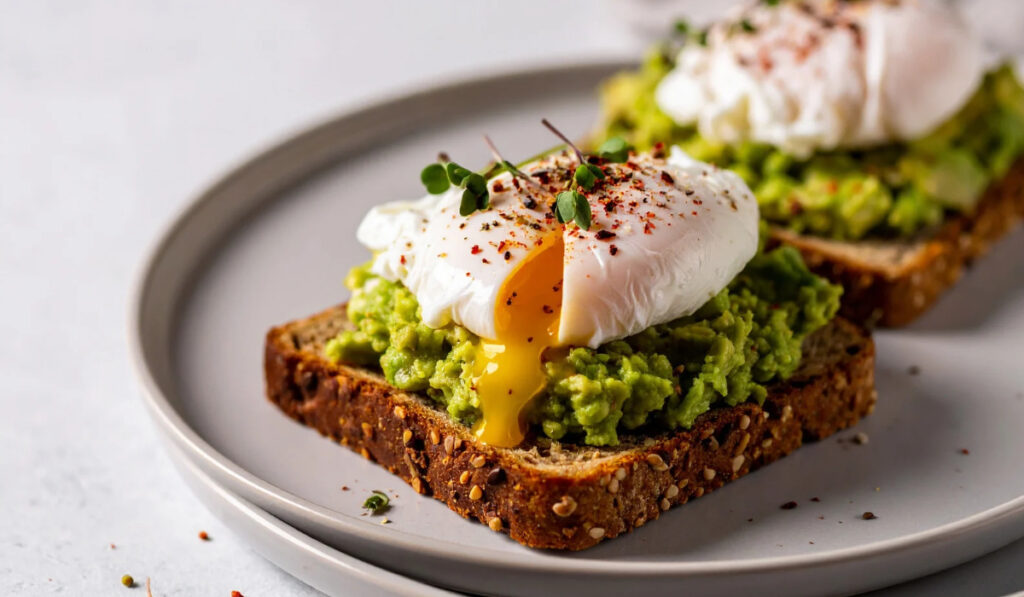 Tostada de aguacate con huevo escalfado y brotes tiernos.