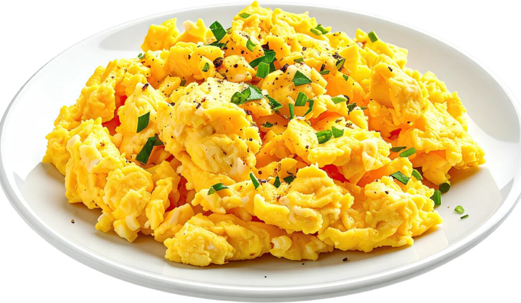 Huevos revueltos esponjosos con cebollino picado y pimienta.