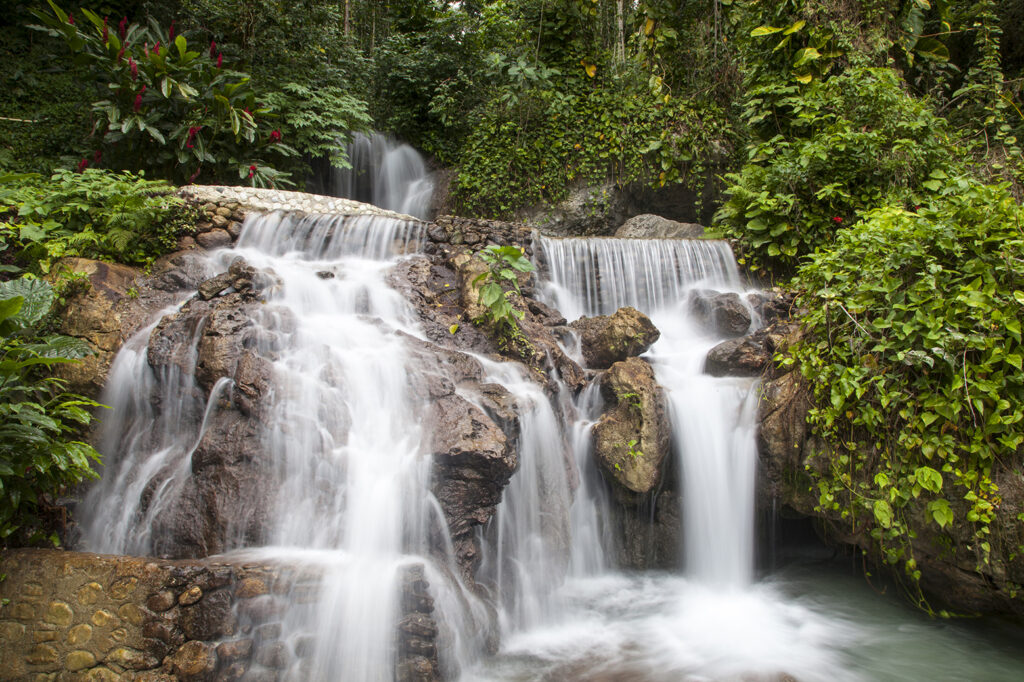 Cascada en la selva con vegetación exuberante y rocas.
