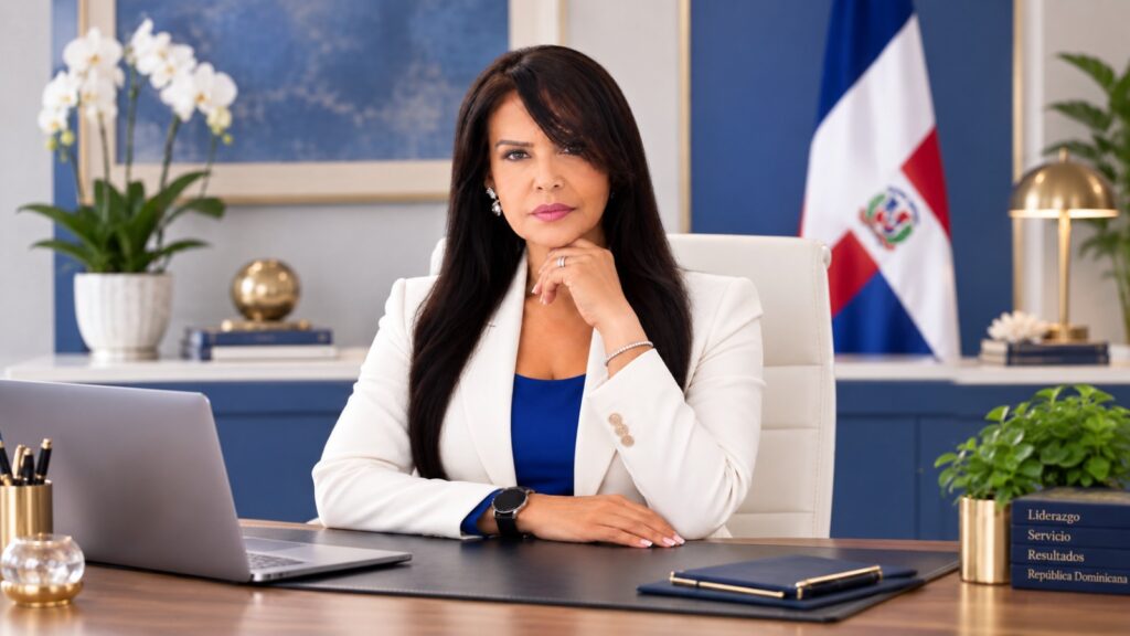 Mujer con chaqueta blanca sentada en un escritorio con la bandera dominicana.