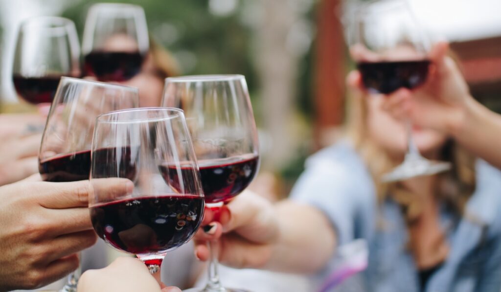 Personas brindando con copas de vino tinto en un exterior.